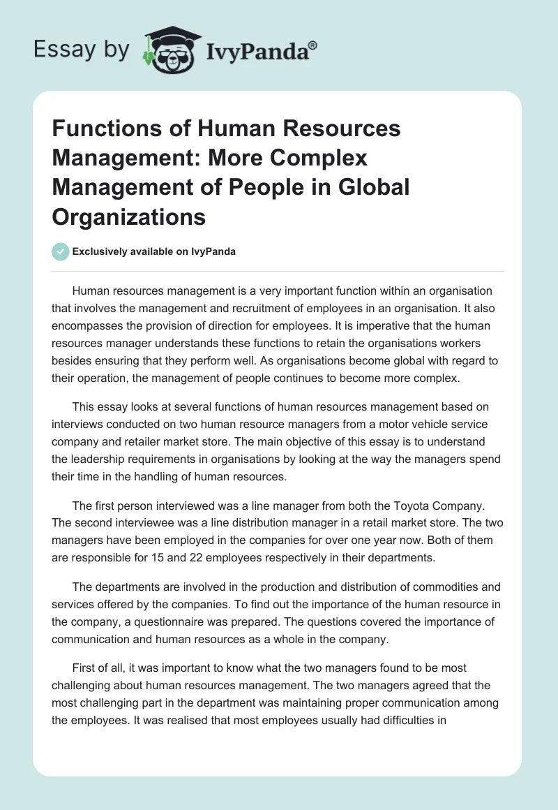 Functions of Human Resources Management: More Complex Management of People in Global Organizations. Page 1