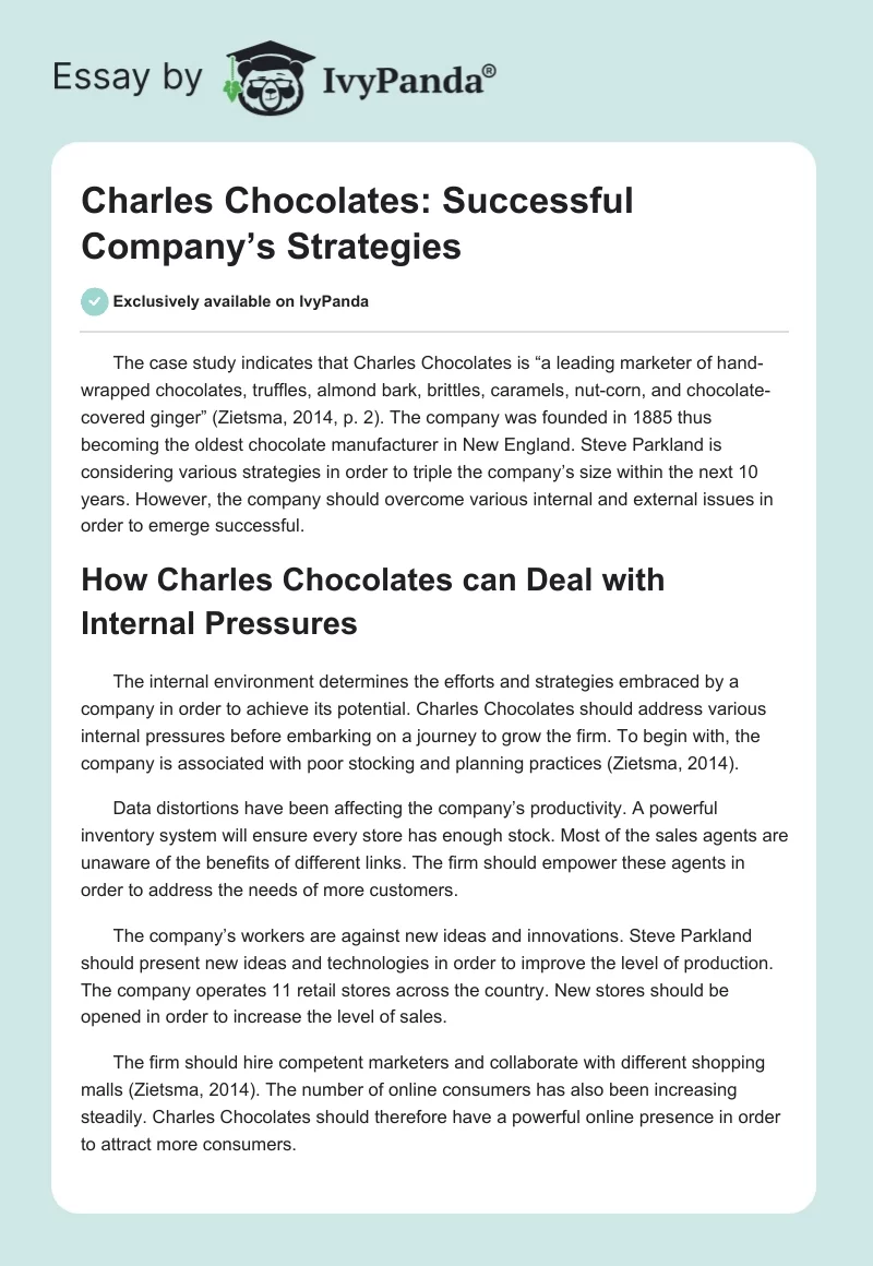 Charles Chocolates: Successful Company’s Strategies. Page 1
