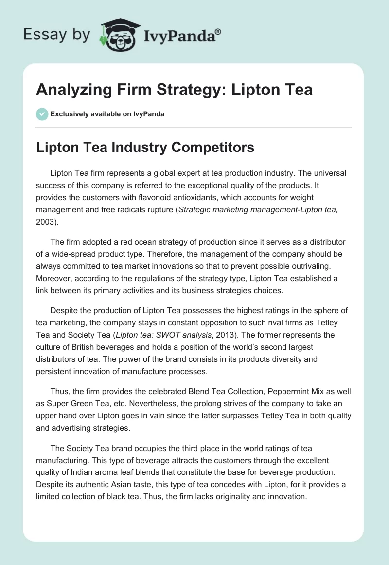 Analyzing Firm Strategy: Lipton Tea. Page 1