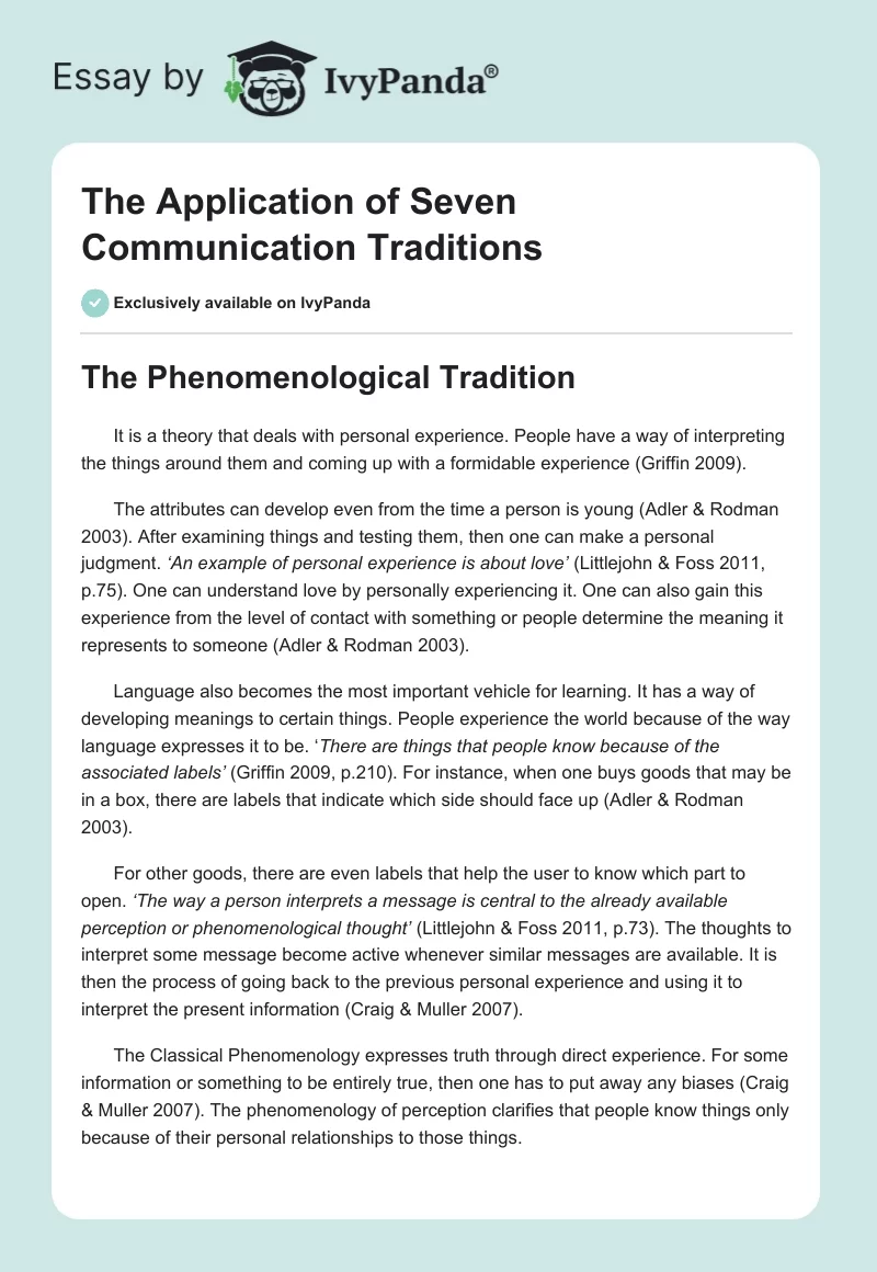 The Application of Seven Communication Traditions. Page 1