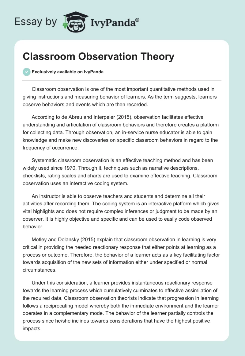 Classroom Observation Theory. Page 1