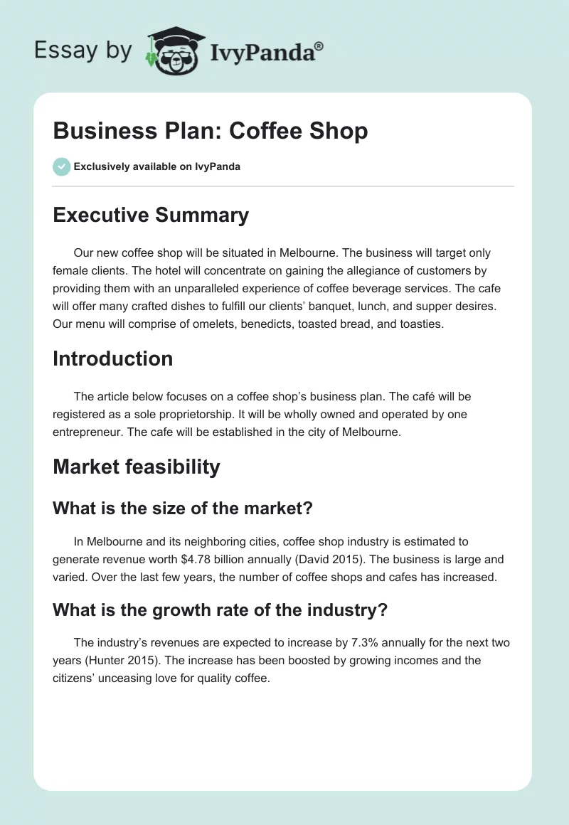 Business Plan: Coffee Shop Report. Page 1