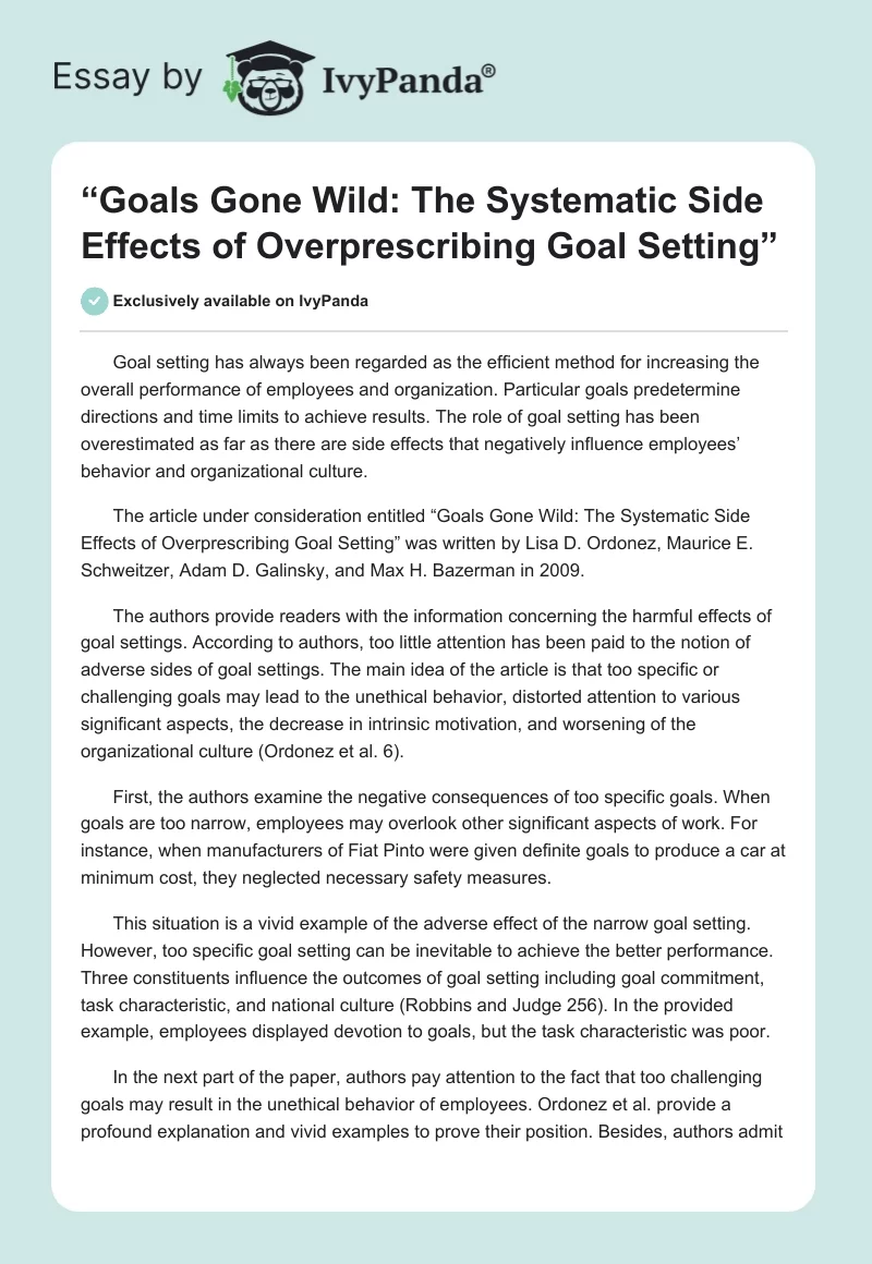 “Goals Gone Wild: The Systematic Side Effects of Overprescribing Goal Setting”. Page 1