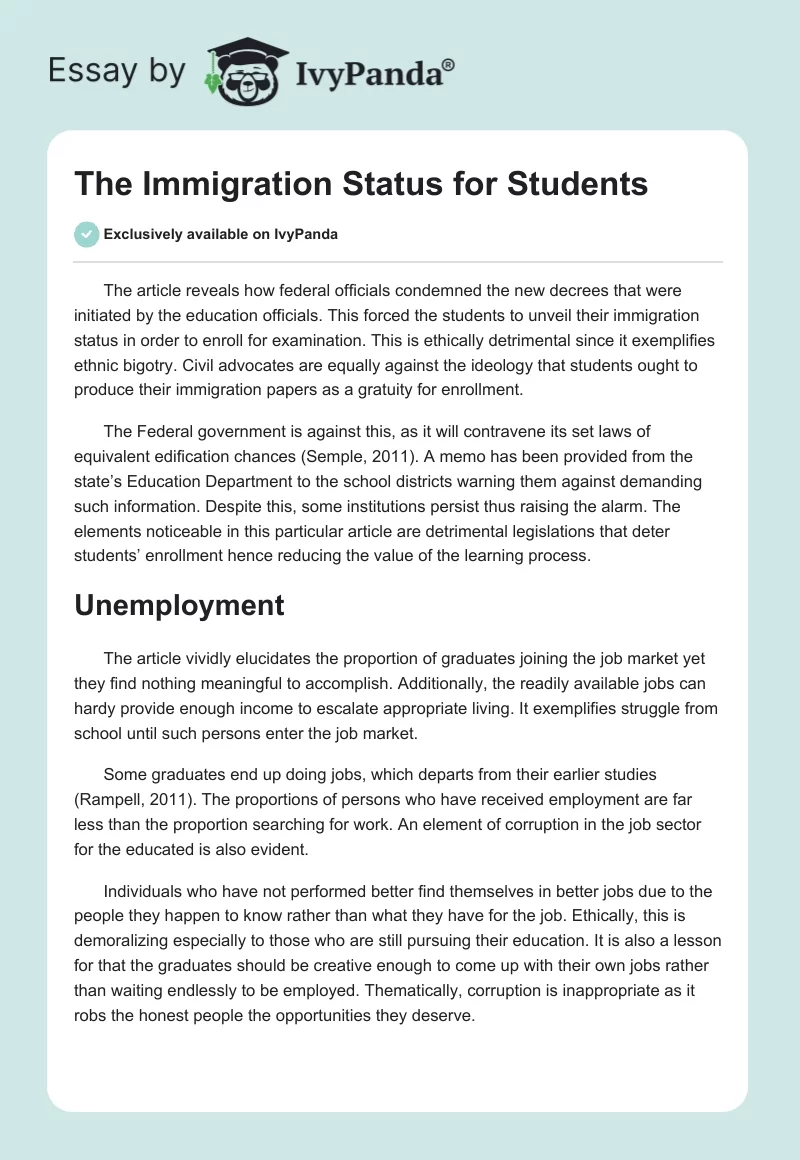 The Immigration Status for Students. Page 1