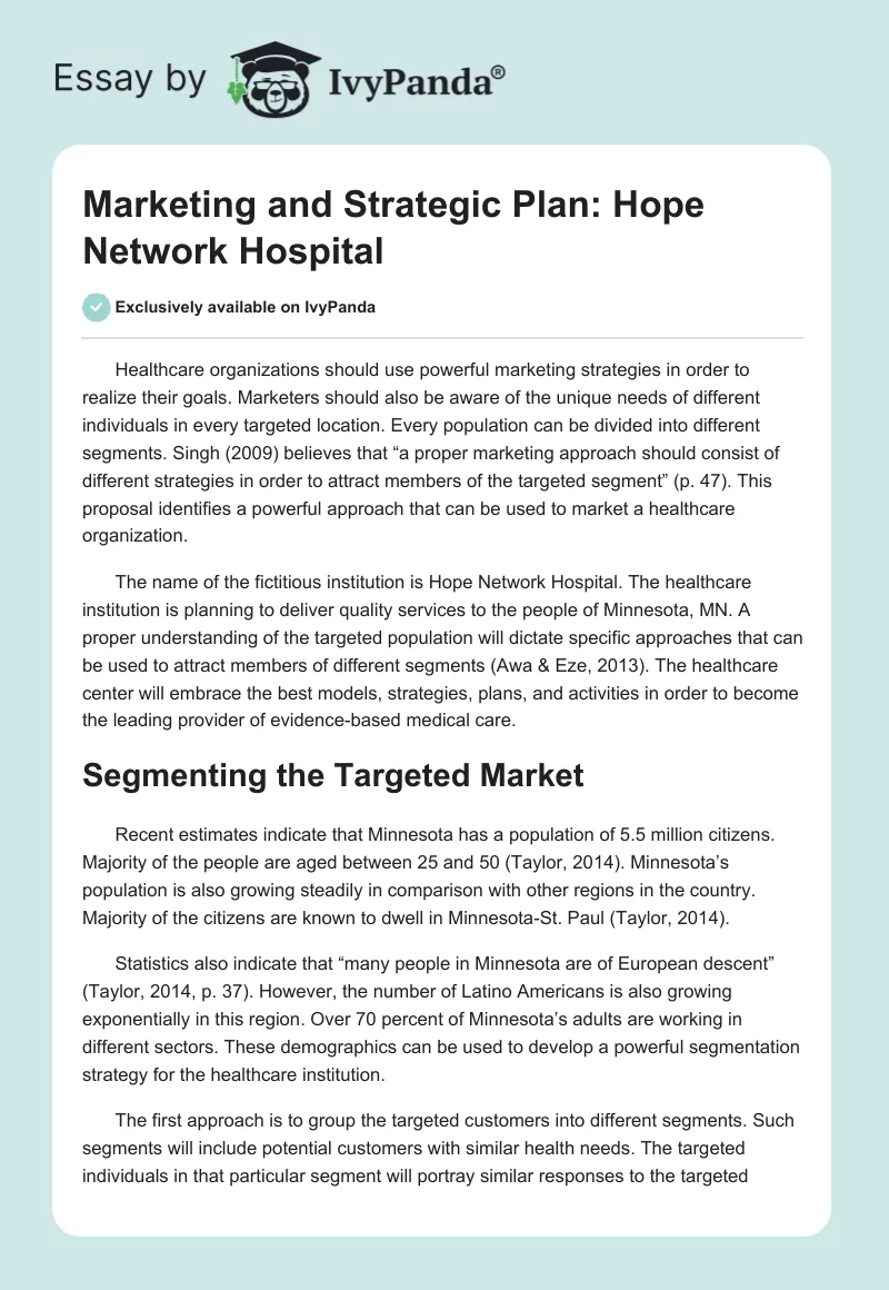 Marketing and Strategic Plan: Hope Network Hospital. Page 1