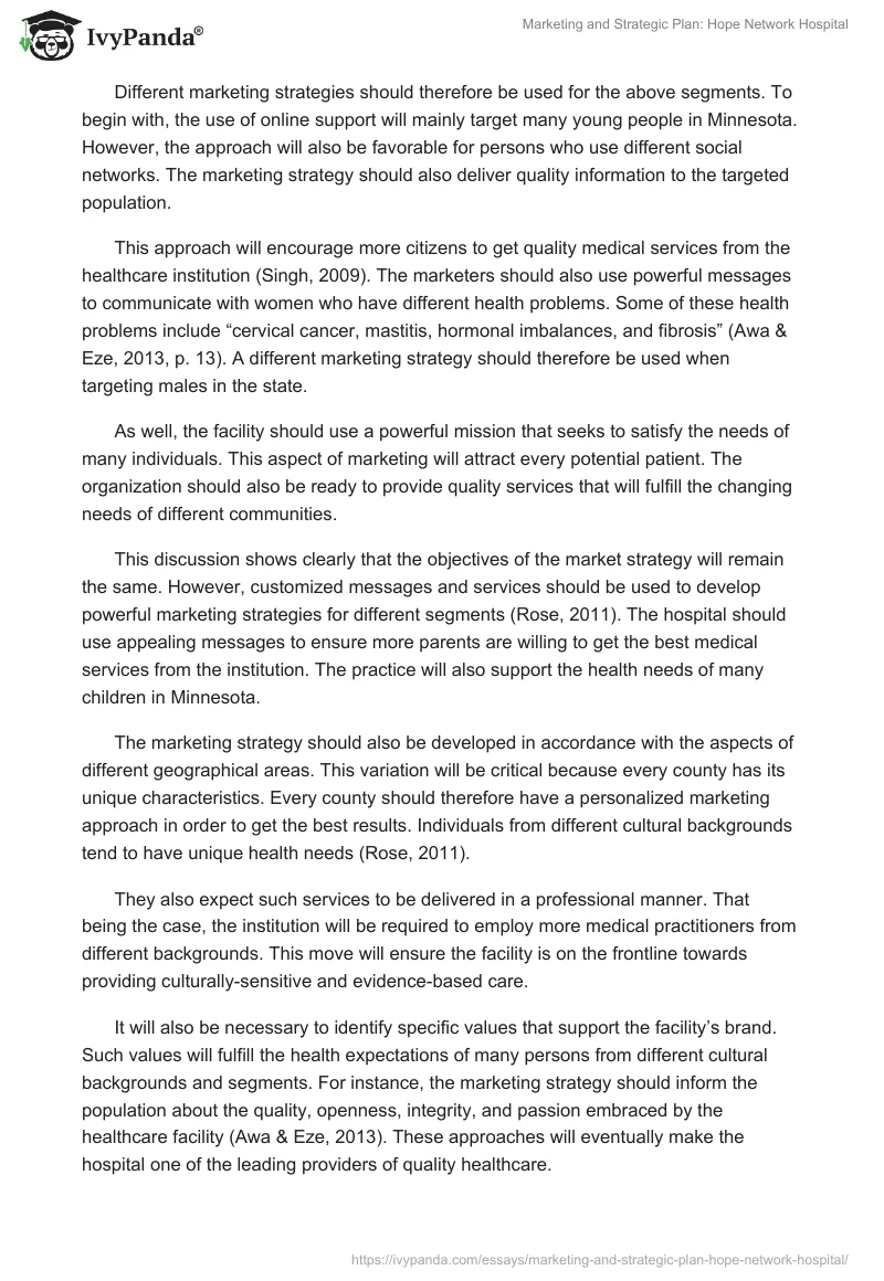 Marketing and Strategic Plan: Hope Network Hospital. Page 3