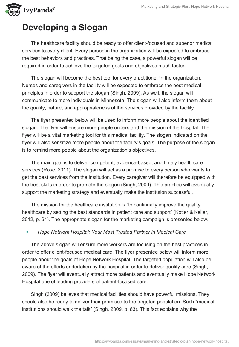 Marketing and Strategic Plan: Hope Network Hospital. Page 4
