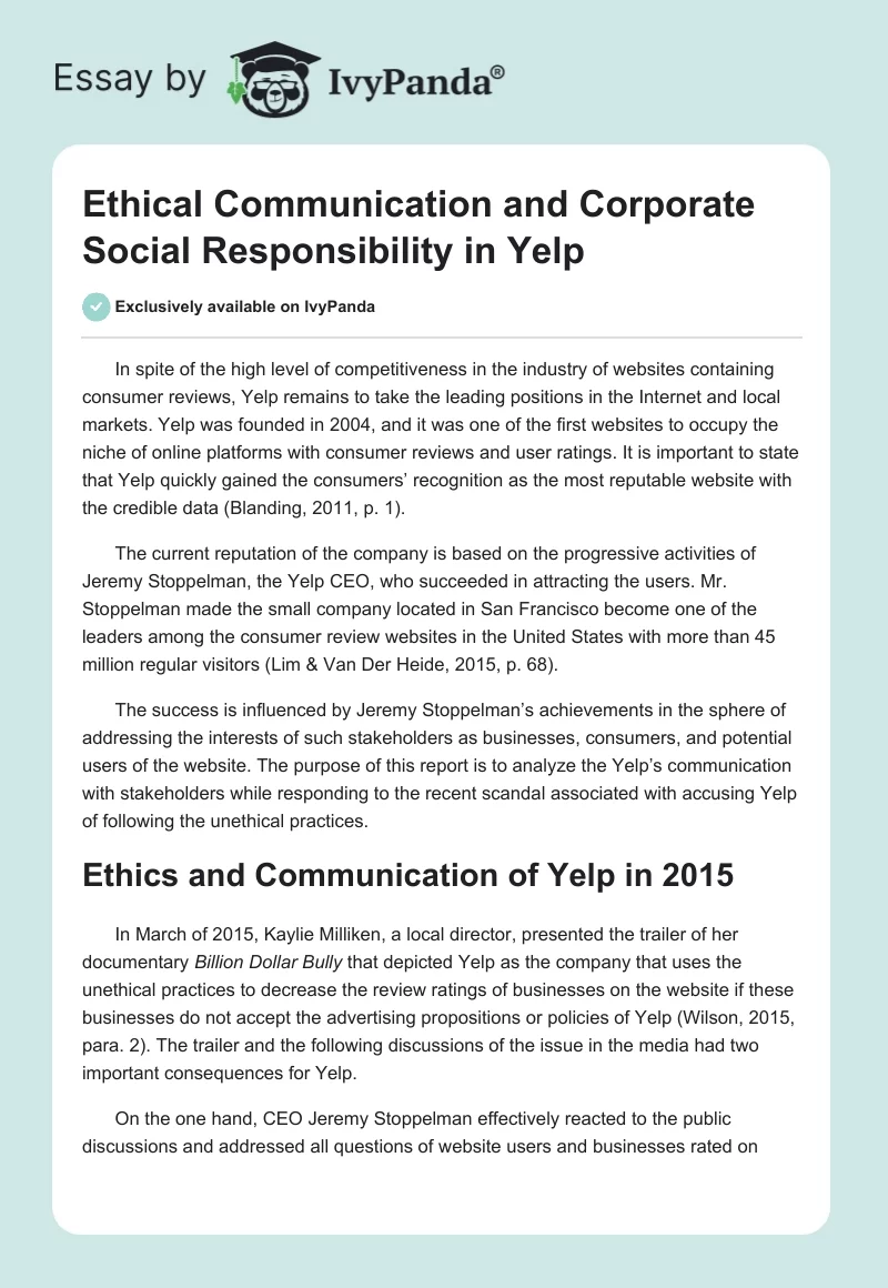 Ethical Communication and Corporate Social Responsibility in Yelp. Page 1