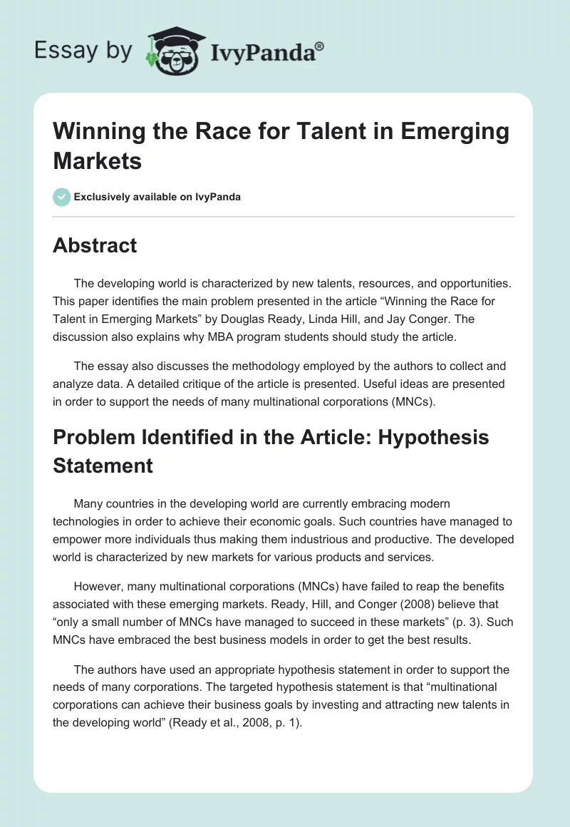 Winning the Race for Talent in Emerging Markets. Page 1