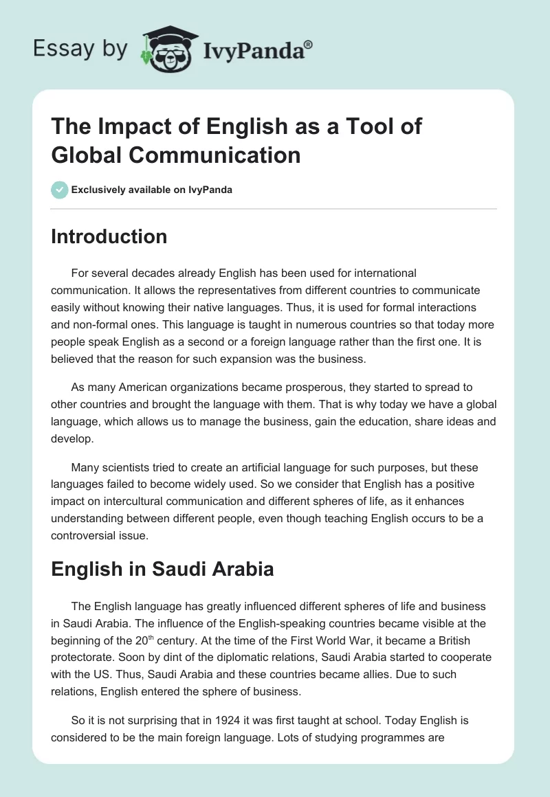 The Impact of English as a Tool of Global Communication. Page 1