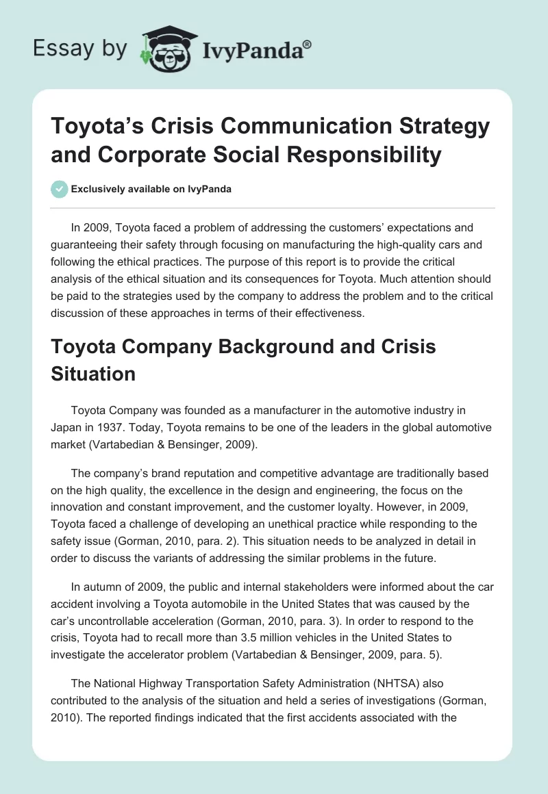 Toyota’s Crisis Communication Strategy and Corporate Social Responsibility. Page 1