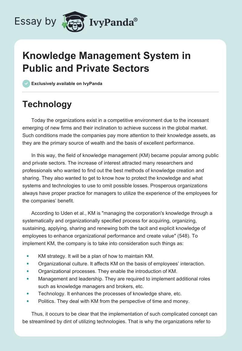 Knowledge Management System in Public and Private Sectors. Page 1