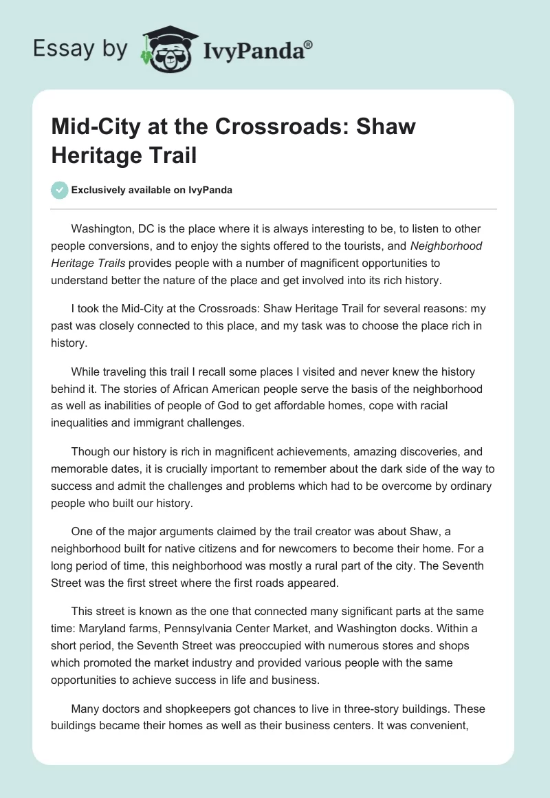 Mid-City at the Crossroads: Shaw Heritage Trail. Page 1