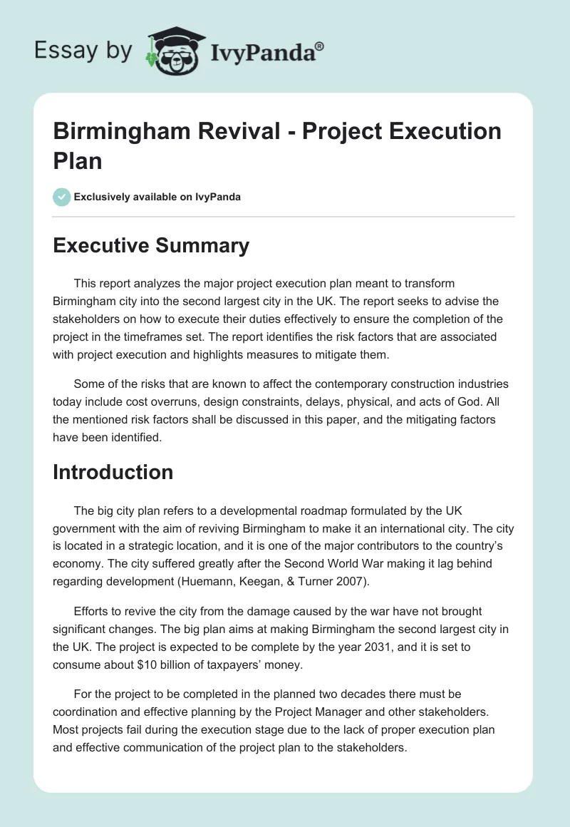 Birmingham Revival - Project Execution Plan. Page 1