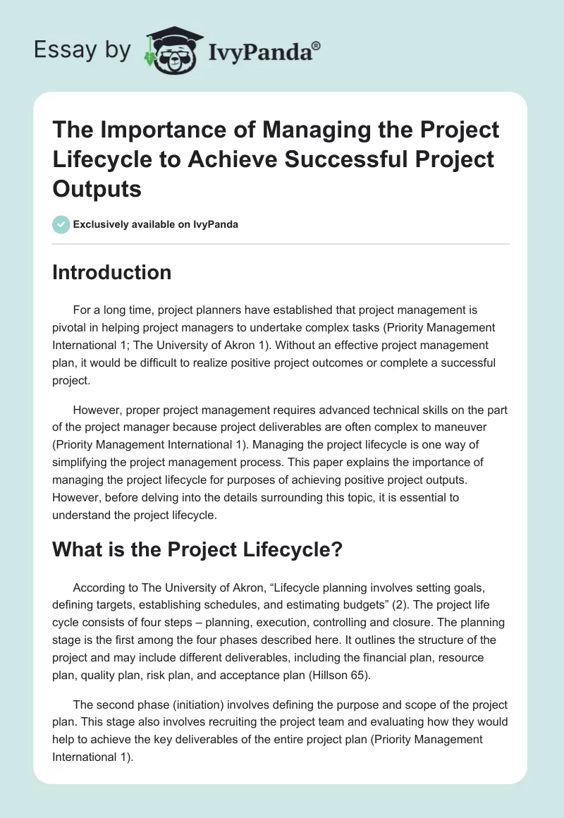 The Importance of Managing the Project Lifecycle to Achieve Successful Project Outputs. Page 1