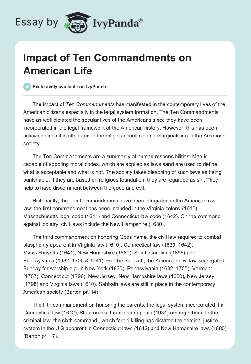 Impact of Ten Commandments on American Life. Page 1