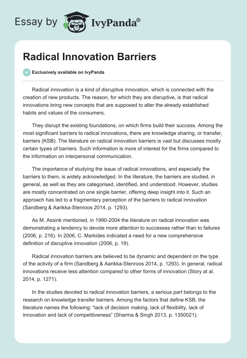 Radical Innovation Barriers. Page 1