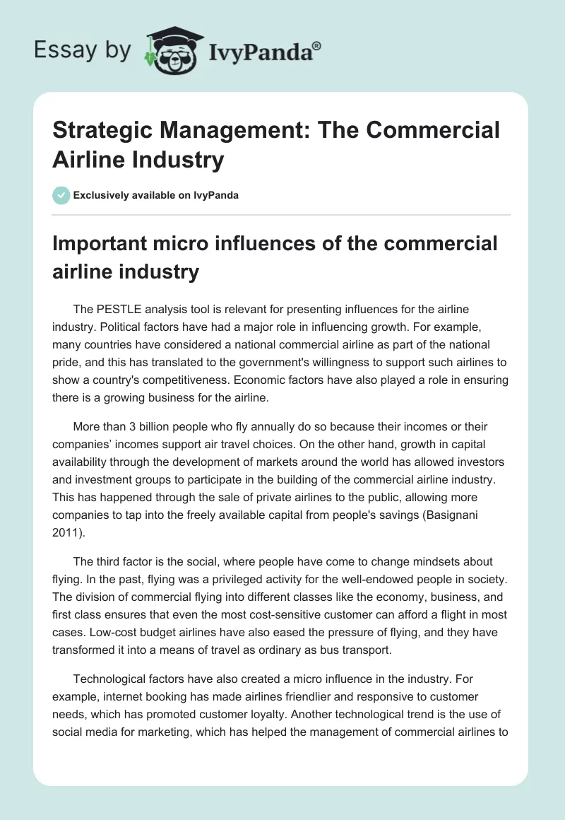 Strategic Management: The Commercial Airline Industry. Page 1