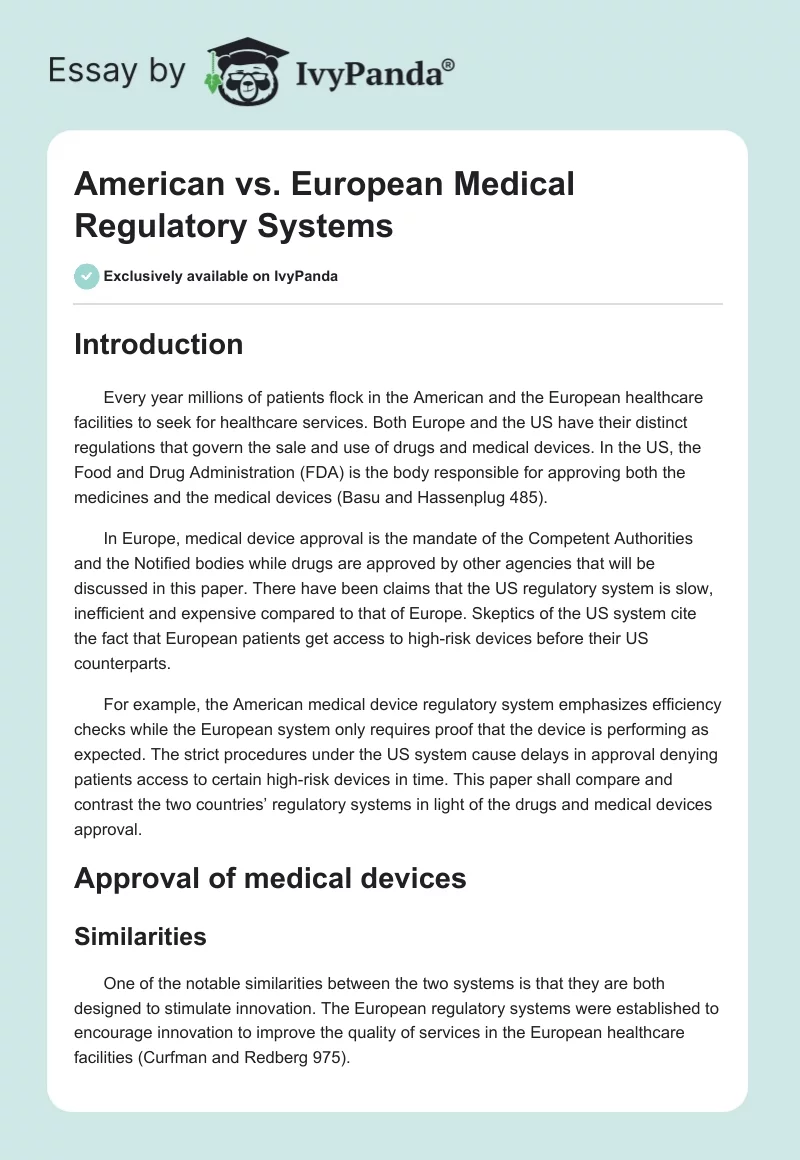 American vs. European Medical Regulatory Systems. Page 1
