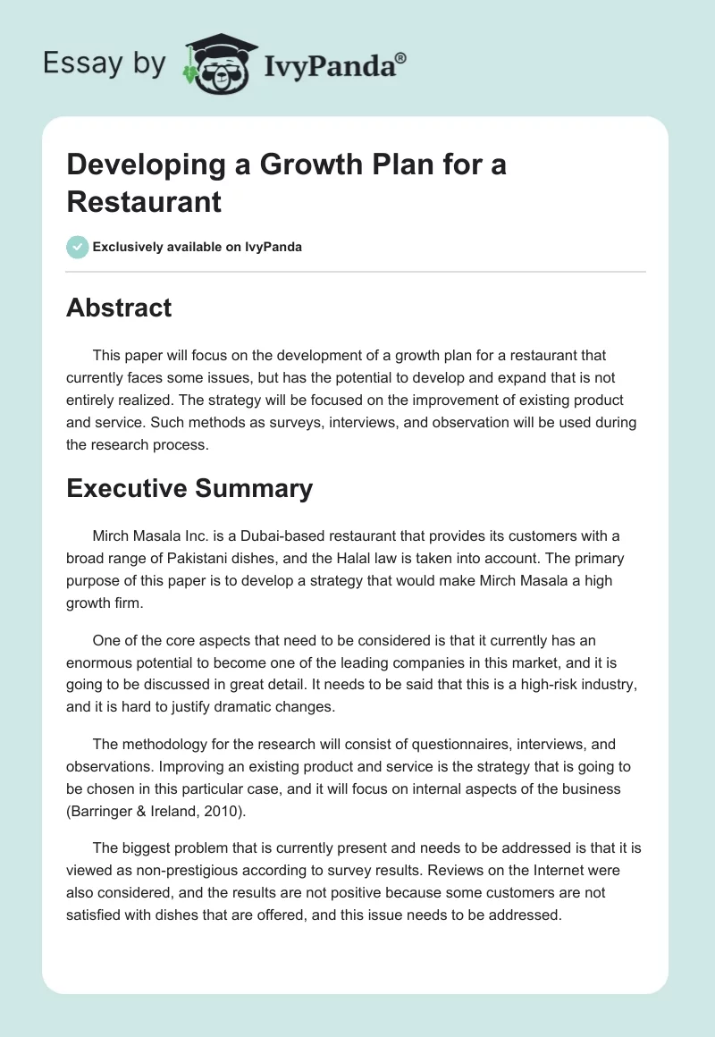 Developing a Growth Plan for a Restaurant. Page 1