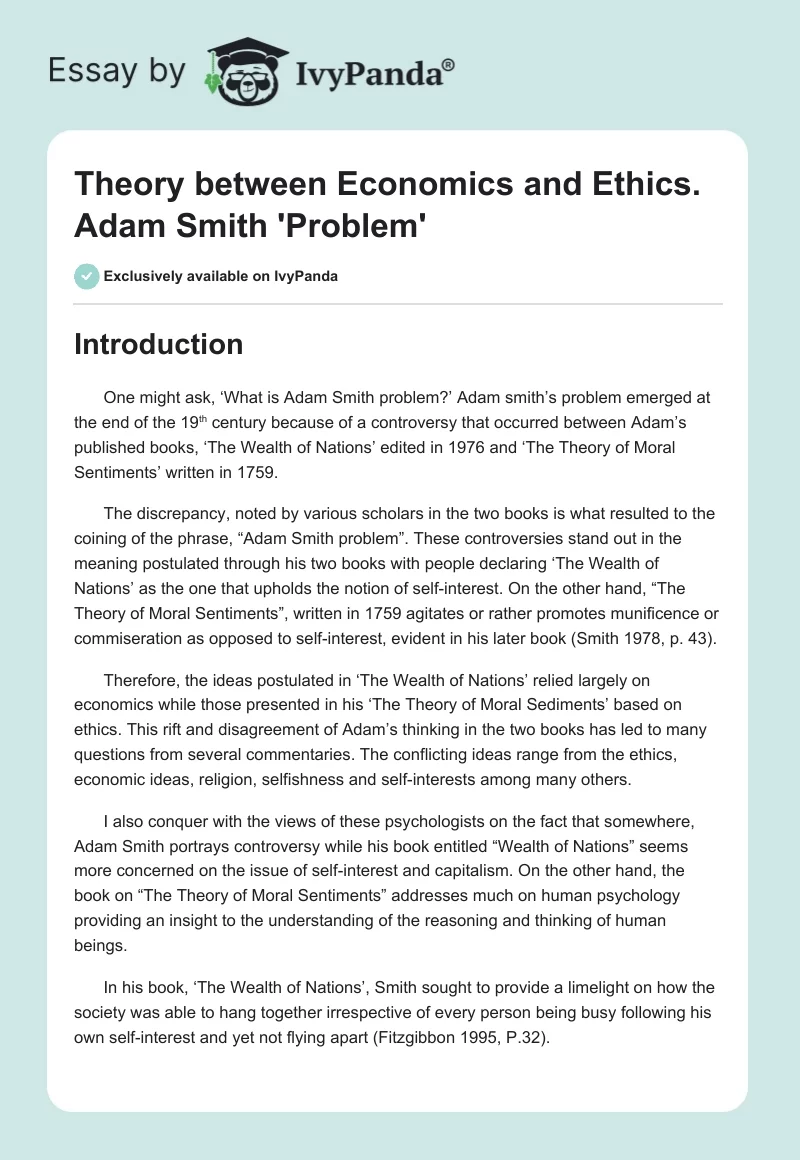 Theory between Economics and Ethics. Adam Smith 'Problem'. Page 1