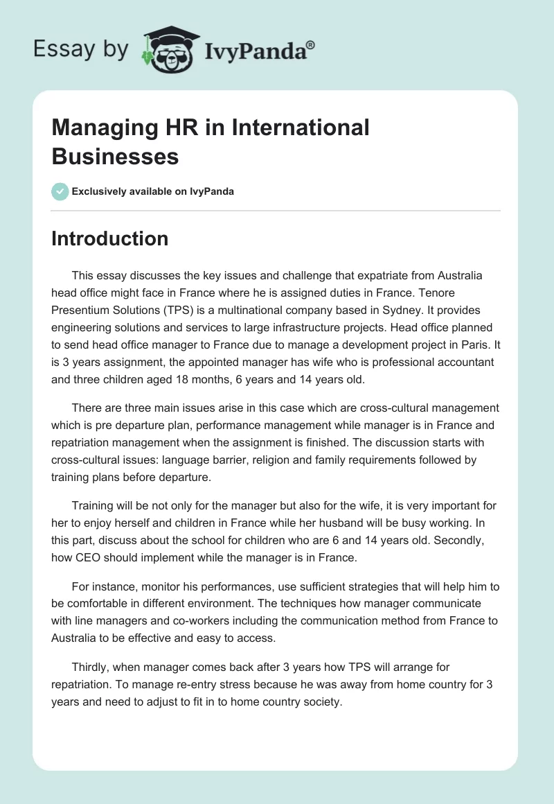 Managing HR in International Businesses. Page 1