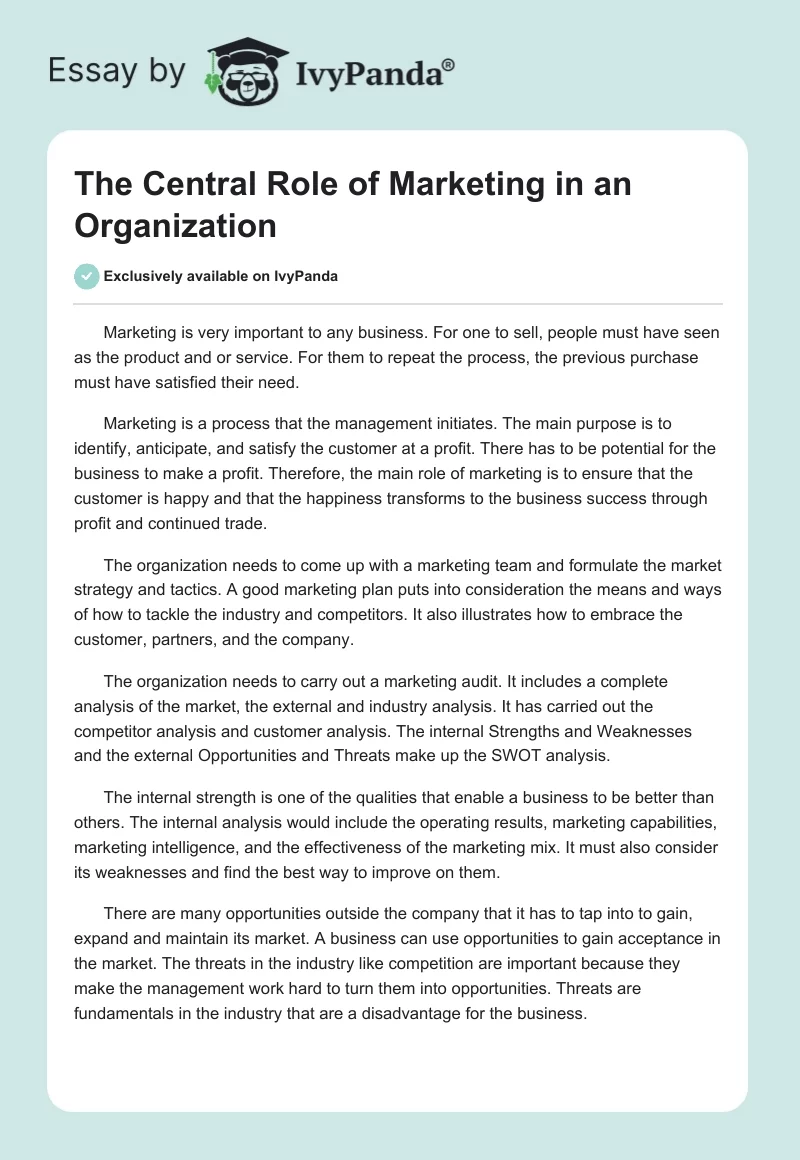 The Central Role of Marketing in an Organization. Page 1