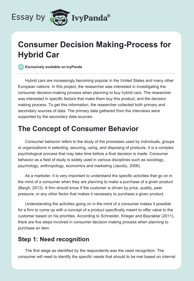 Consumer Decision Making-Process for Hybrid Car. Page 1