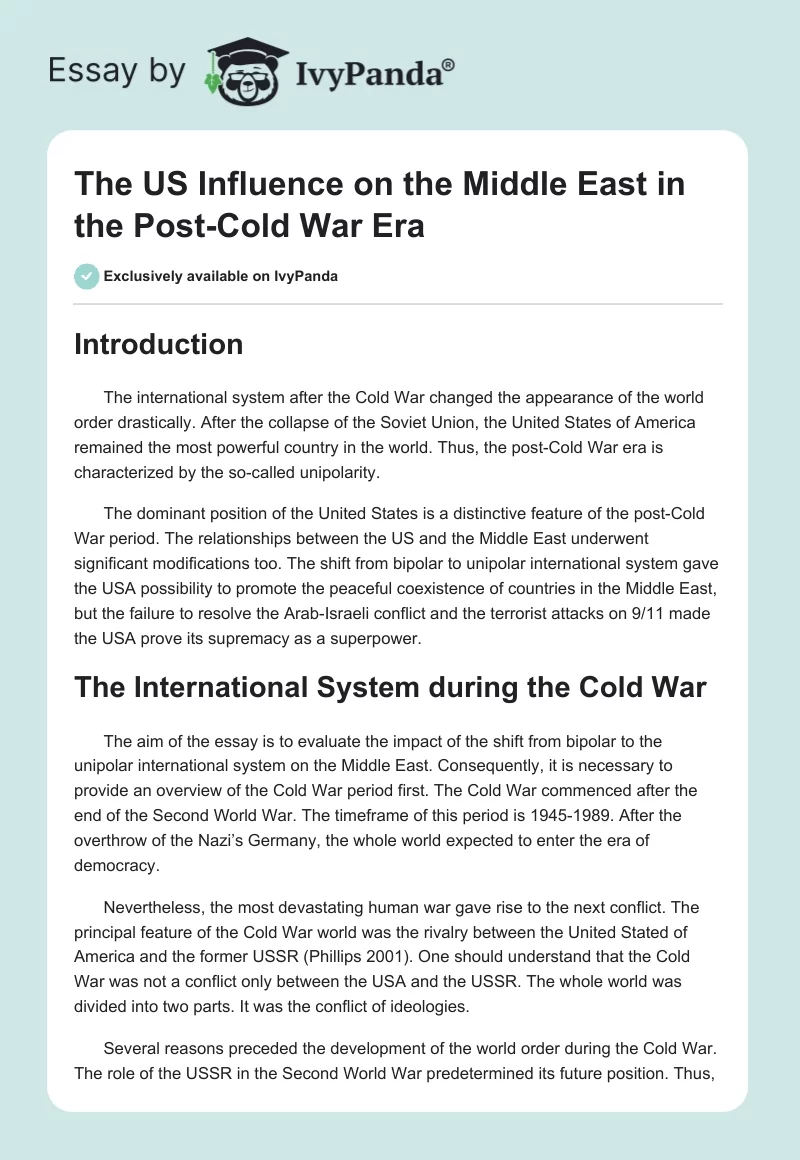 The US Influence on the Middle East in the Post-Cold War Era. Page 1