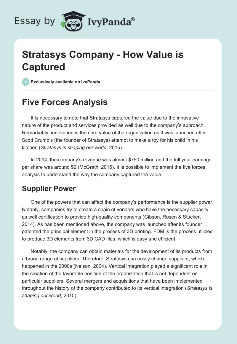 Stratasys Company - How Value is Captured. Page 1