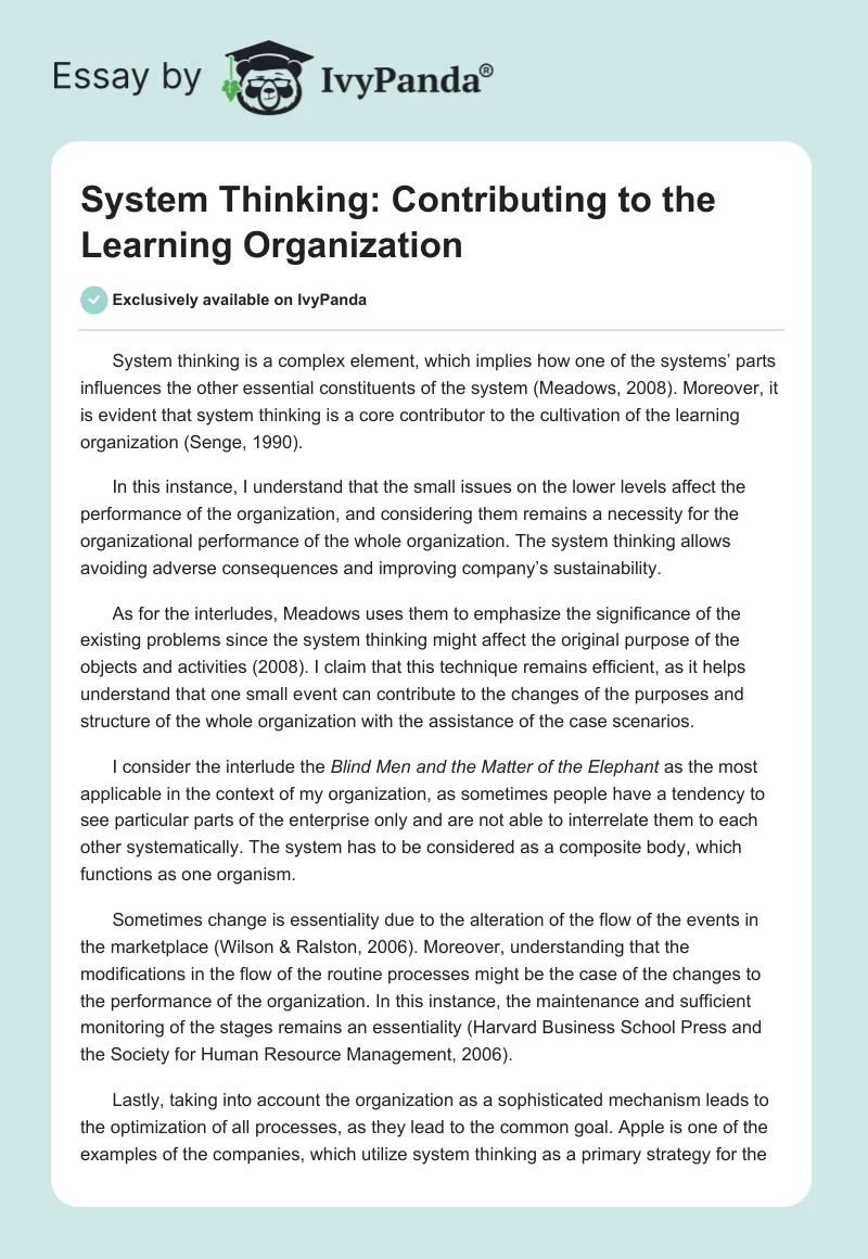 System Thinking: Contributing to the Learning Organization. Page 1
