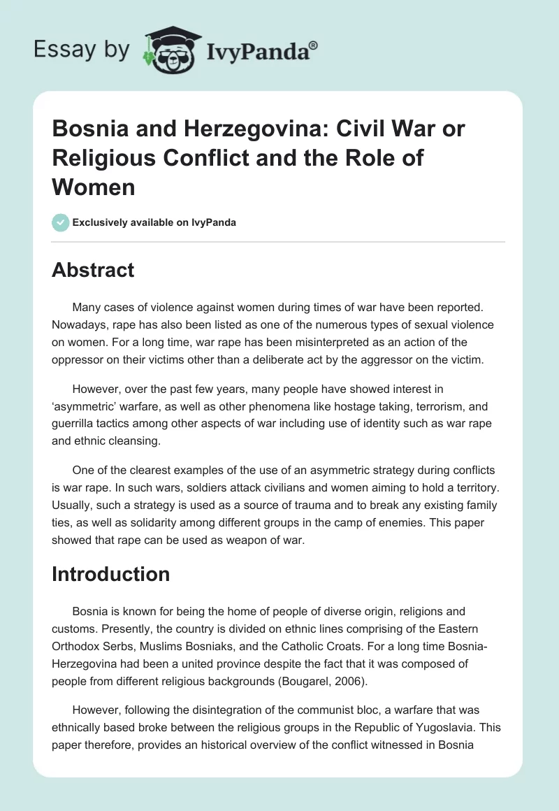 Bosnia and Herzegovina: Civil War or Religious Conflict and the Role of Women. Page 1