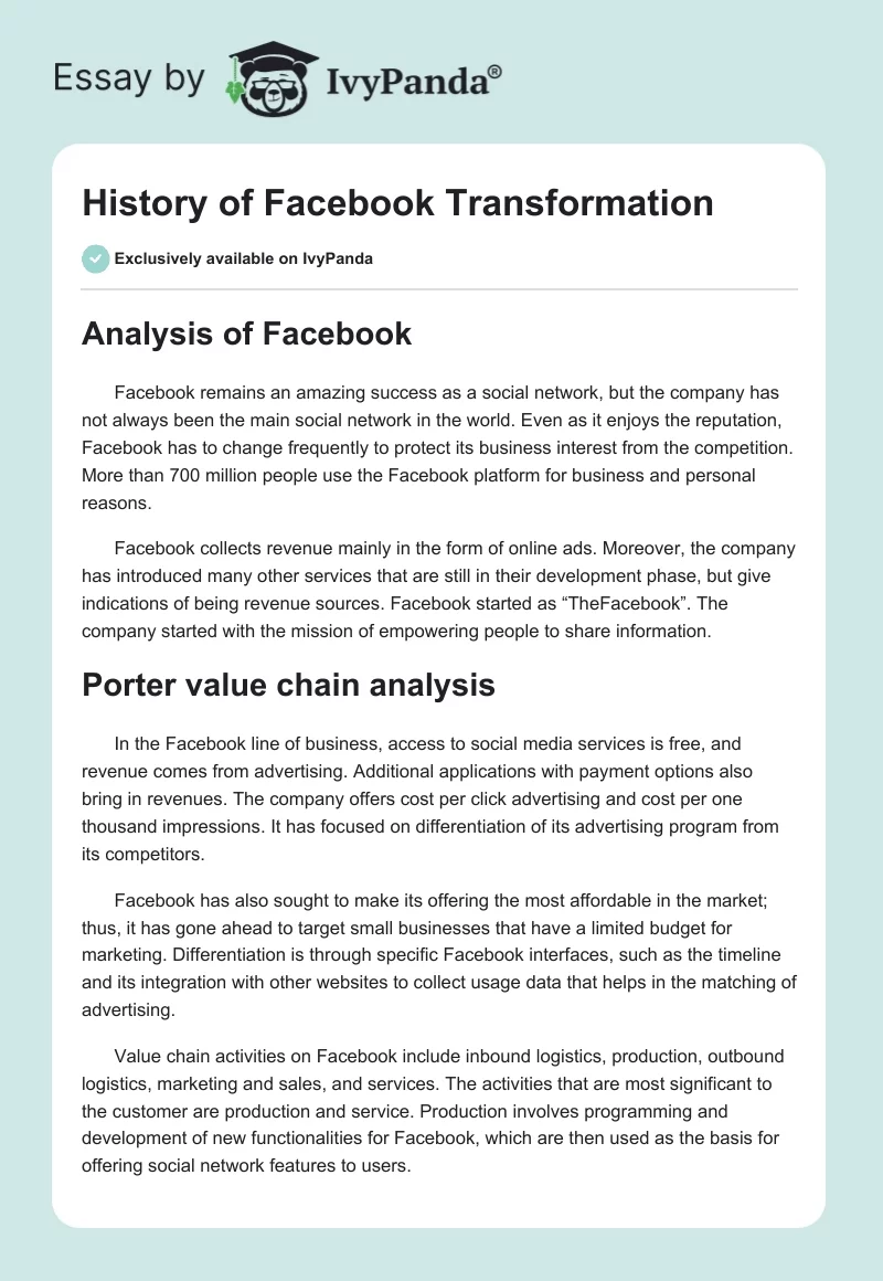 History of Facebook Transformation. Page 1