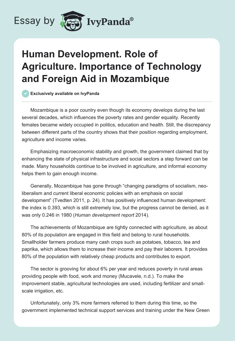 Human Development. Role of Agriculture. Importance of Technology and Foreign Aid in Mozambique. Page 1