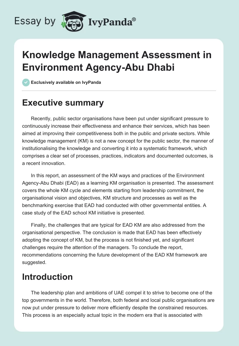Knowledge Management Assessment in Environment Agency-Abu Dhabi. Page 1