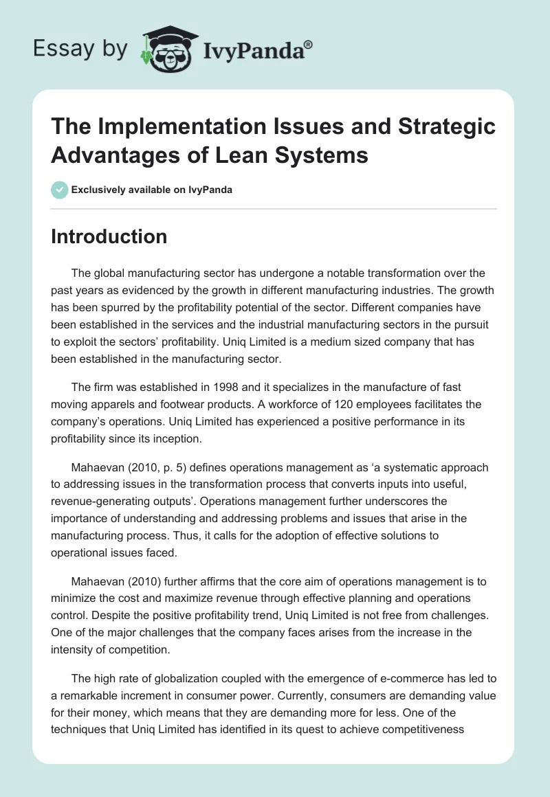 The Implementation Issues and Strategic Advantages of Lean Systems. Page 1