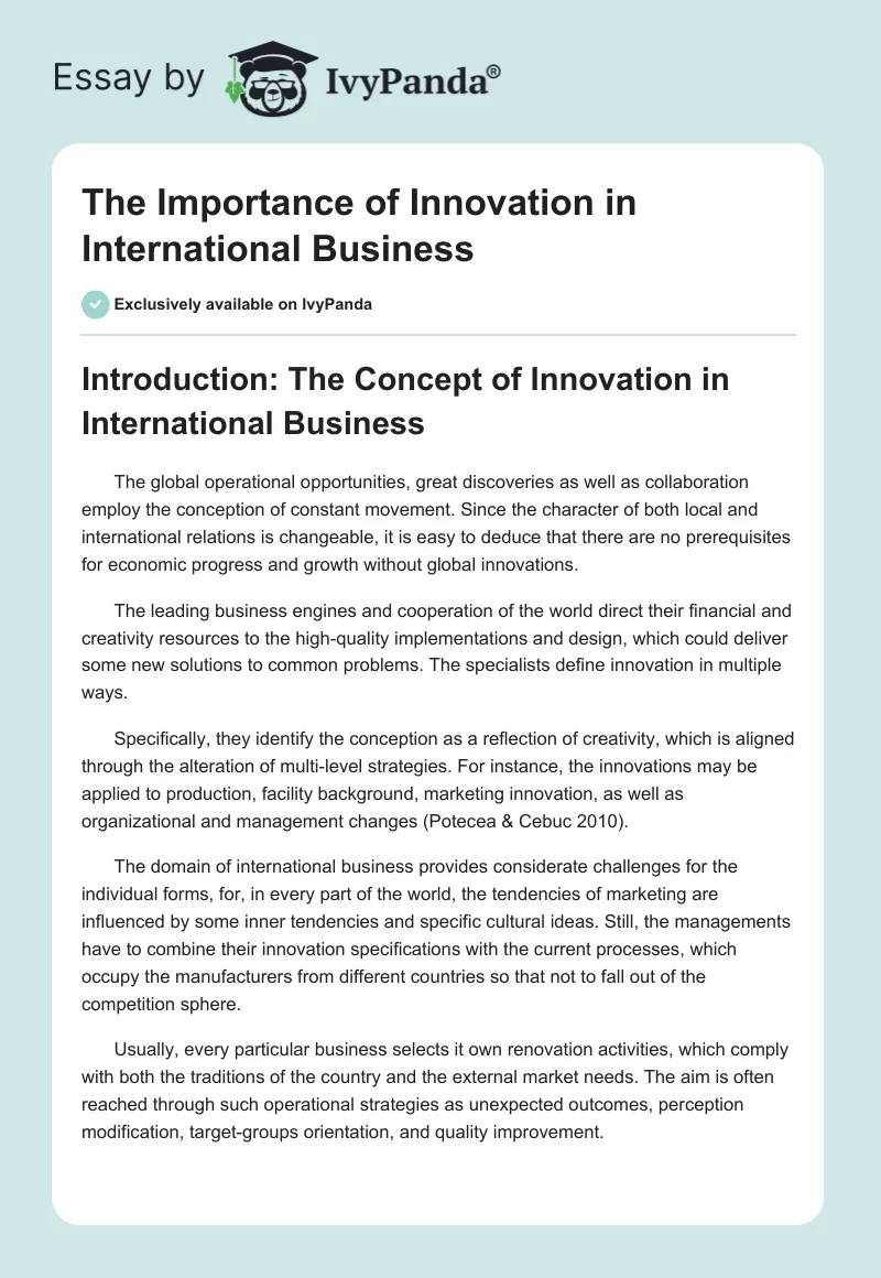 The Importance of Innovation in International Business. Page 1