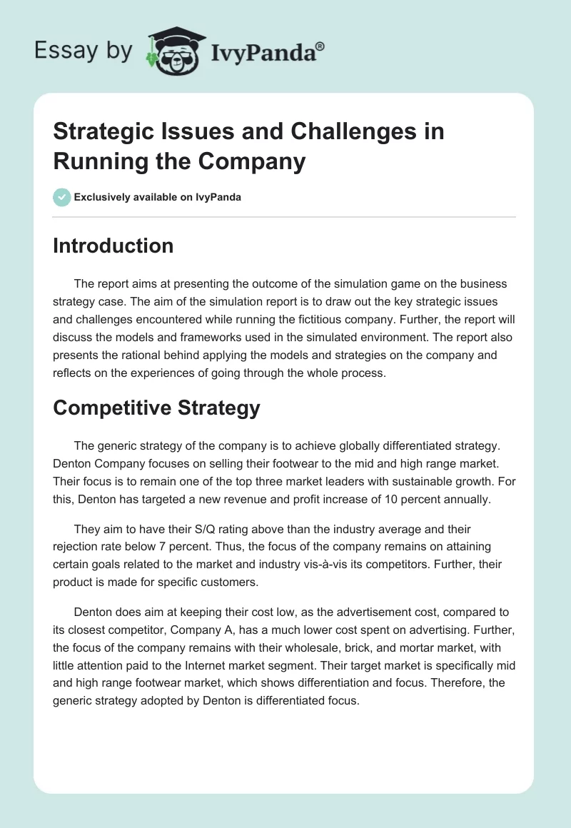 Strategic Issues and Challenges in Running the Company. Page 1