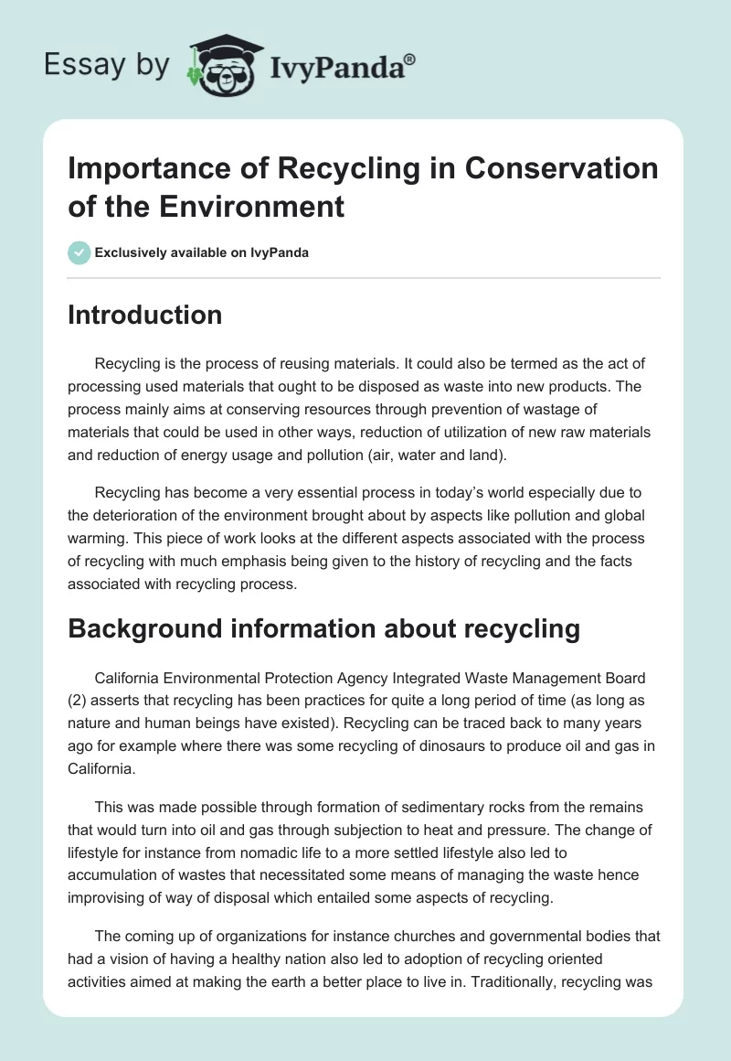 Importance of Recycling in Conservation of the Environment. Page 1
