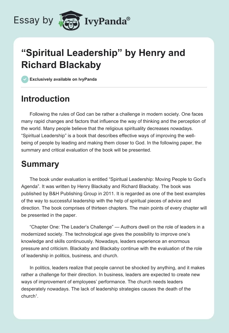 “Spiritual Leadership” by Henry and Richard Blackaby. Page 1