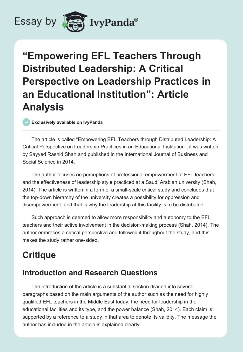 “Empowering EFL Teachers Through Distributed Leadership: A Critical Perspective on Leadership Practices in an Educational Institution”: Article Analysis. Page 1
