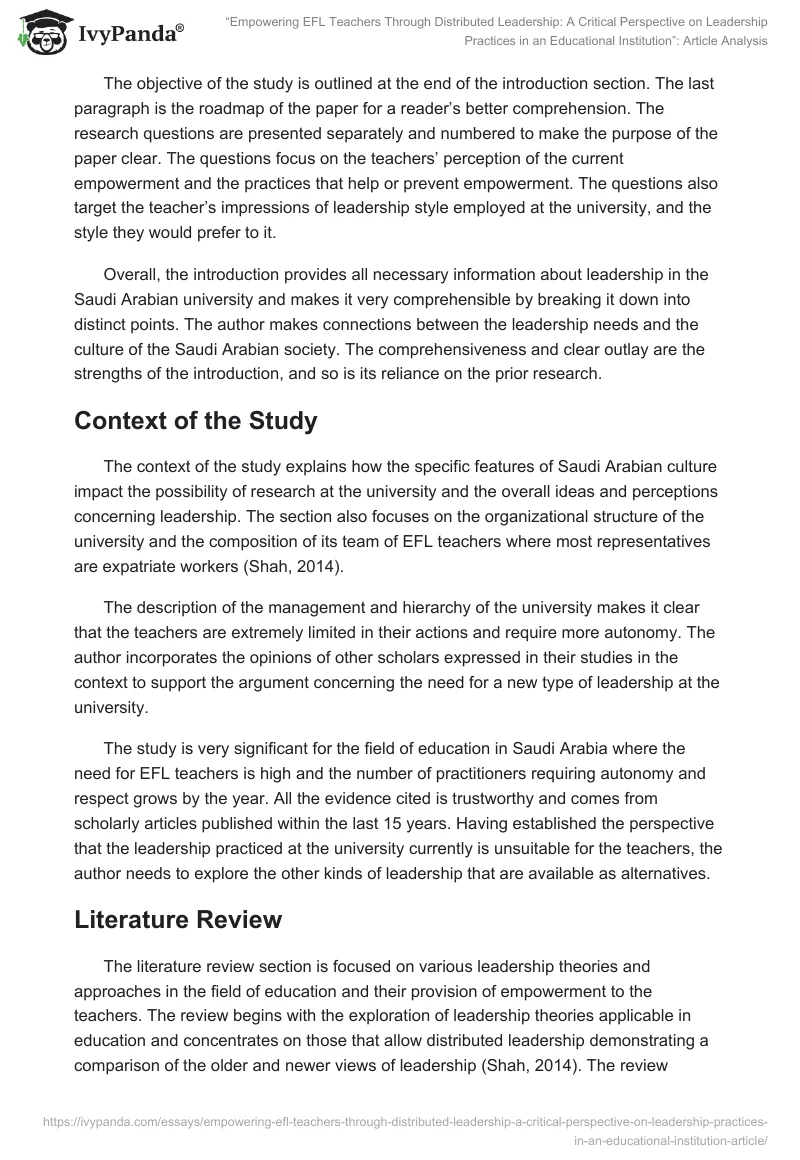 “Empowering EFL Teachers Through Distributed Leadership: A Critical Perspective on Leadership Practices in an Educational Institution”: Article Analysis. Page 2