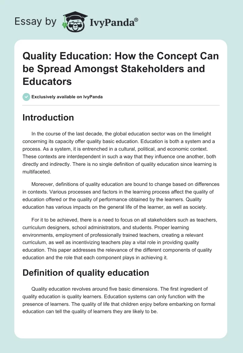 Quality Education: How the Concept Can be Spread Amongst Stakeholders and Educators. Page 1