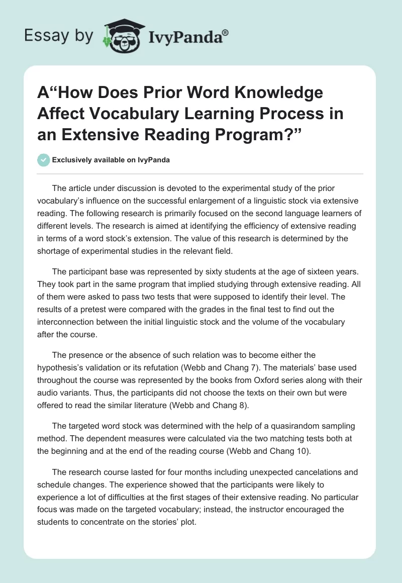 A“How Does Prior Word Knowledge Affect Vocabulary Learning Process in an Extensive Reading Program?”. Page 1