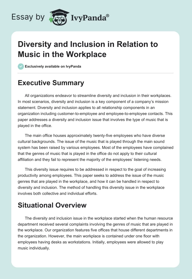 Diversity and Inclusion in Relation to Music in the Workplace. Page 1