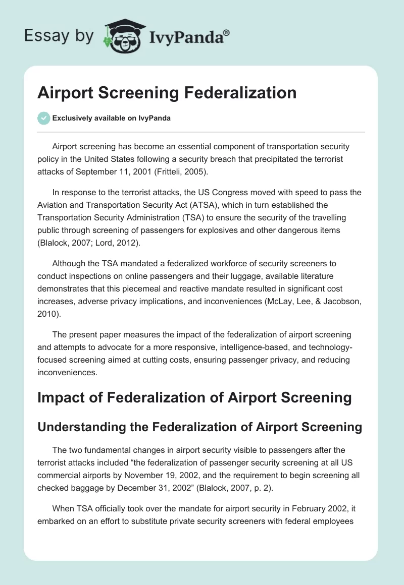 Airport Screening Federalization. Page 1