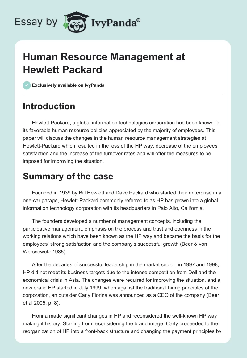 Human Resource Management at Hewlett Packard. Page 1