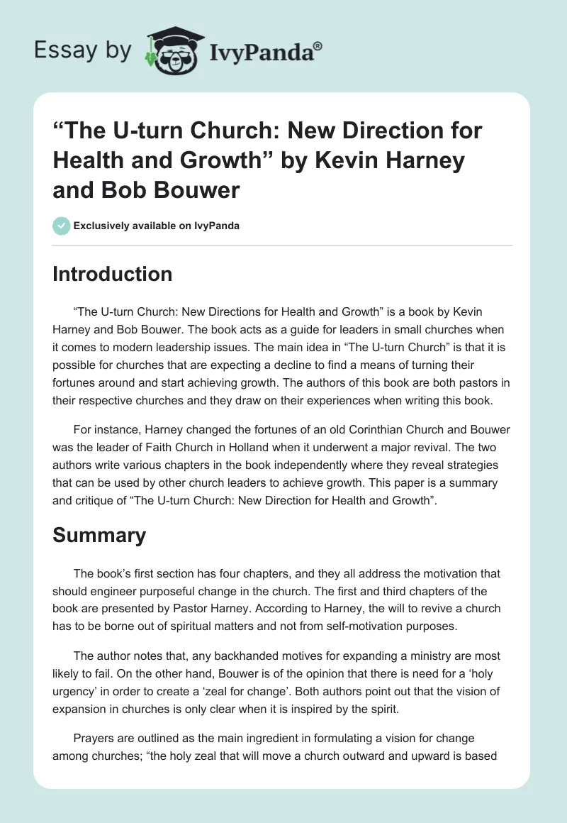 “The U-turn Church: New Direction for Health and Growth” by Kevin Harney and Bob Bouwer. Page 1