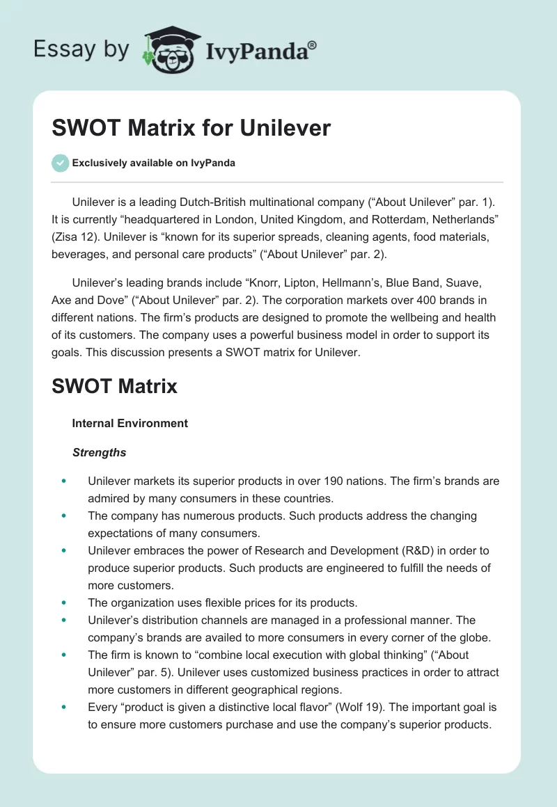 SWOT Matrix for Unilever. Page 1