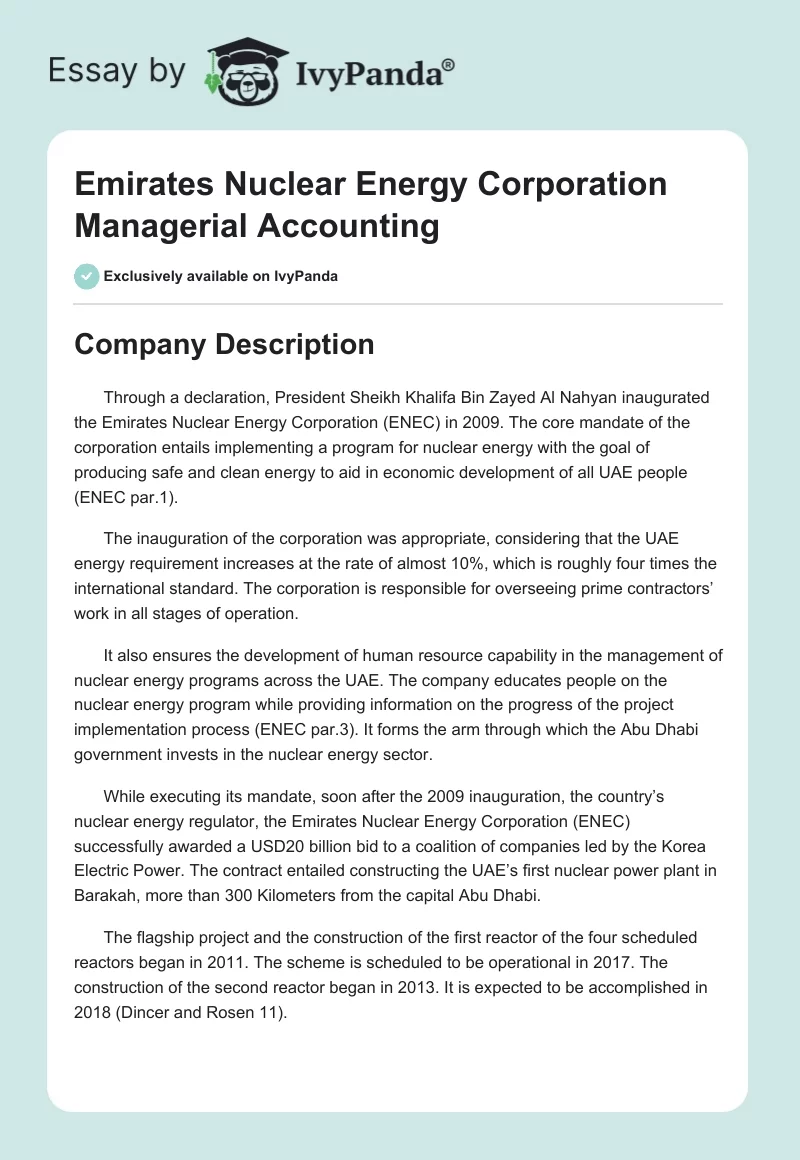 Emirates Nuclear Energy Corporation Managerial Accounting. Page 1